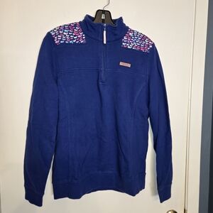 Vineyard Vines Blue Zip-Up Sweater with Patterned Shoulders